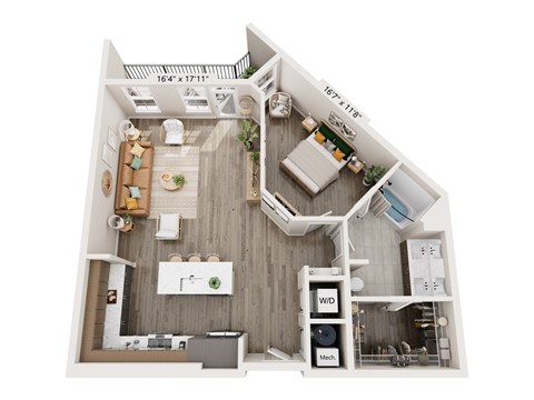 Floor plan for 1 bed, 1 bath, 945 sqft